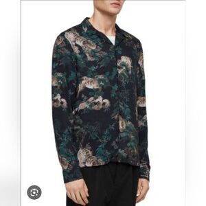 ALL SAINTS Men's Navy Tiger Print Button-Up Shirt Long Sleeve Size‎ XXL